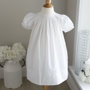 White Smocked Pearl Flower Bishop Dress Feltman Brother Flower Girl NWT